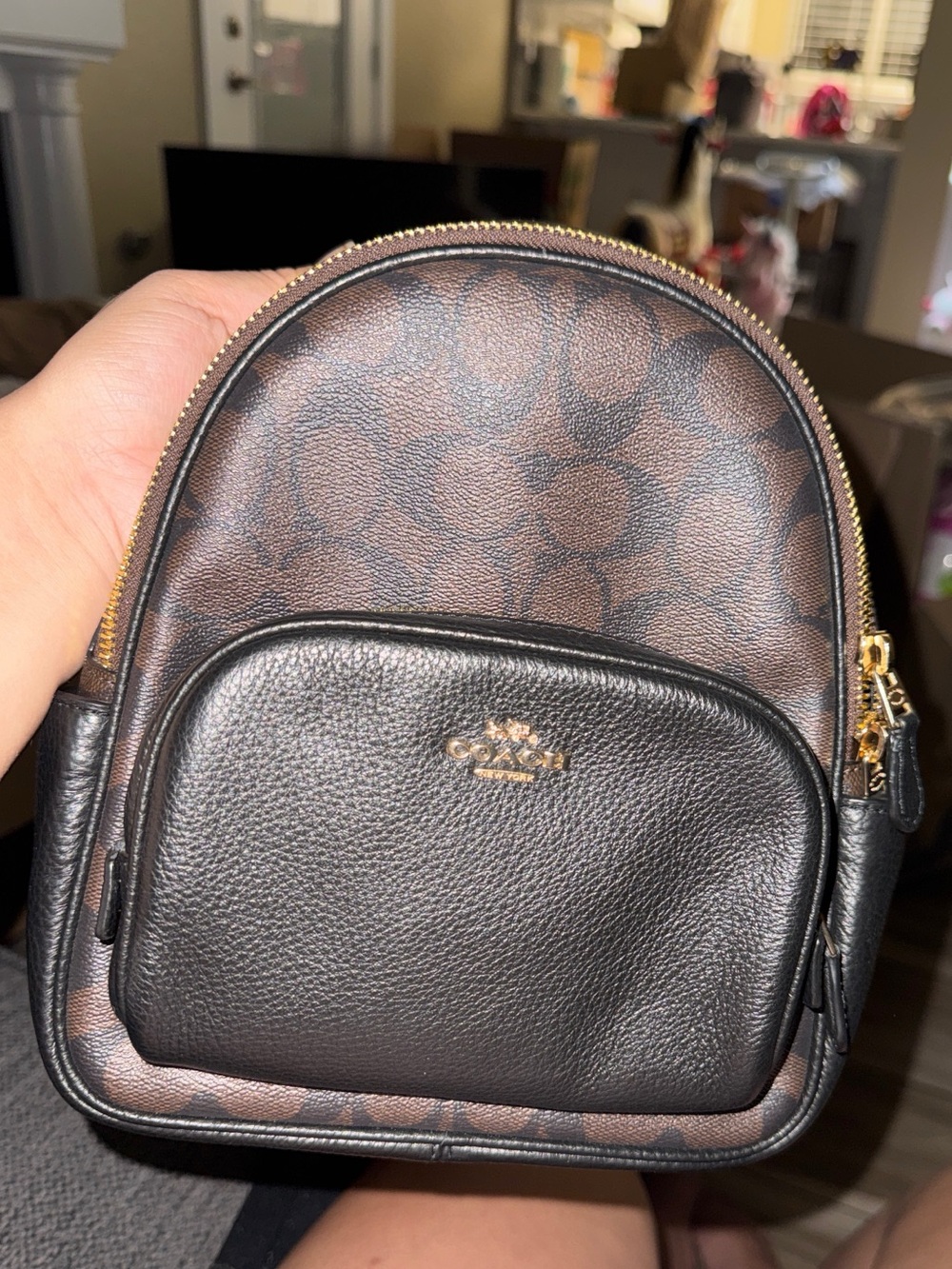 Coach Brown Signature Mini Backpack with Black Front Pocket and Gold Hardware